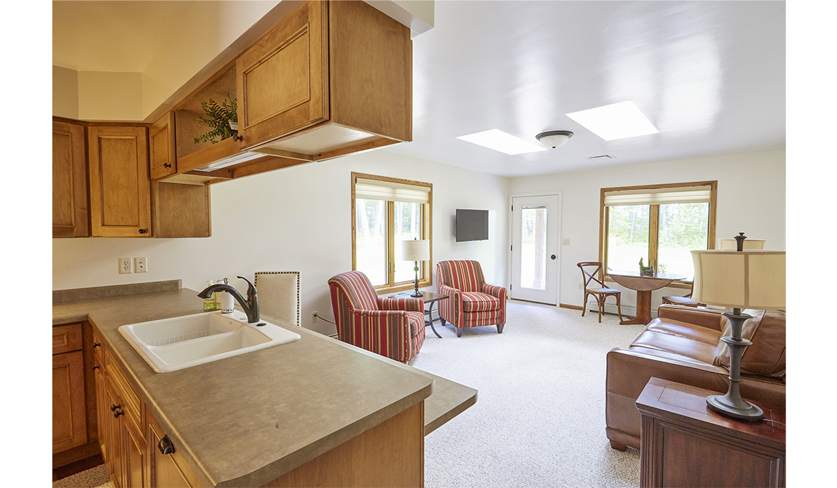 The kitchen overlooks the living room for entertaining guests.