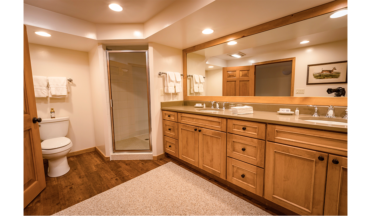 Double-sink bathroom with extra lighting and oversized mirror.